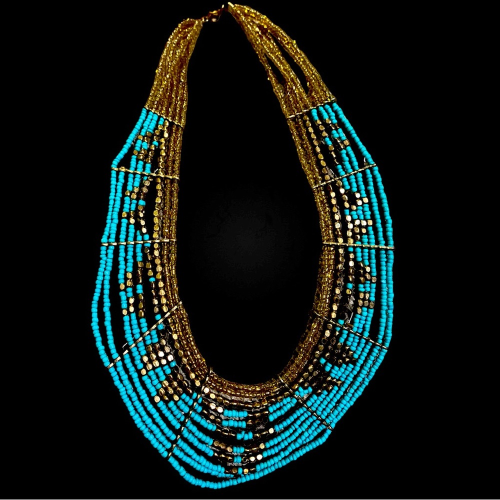 Turquoise and Gold / Bronzed Beaded Multi-strand necklace